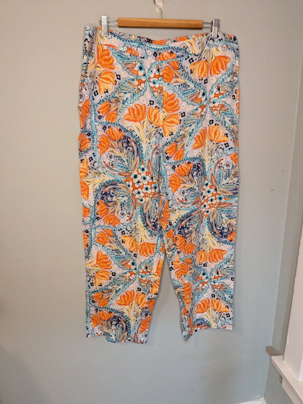 Chico’s 100% Linen Wide Leg Pants Leaf Orange Blue Elastic Tropical Size 3 16-18